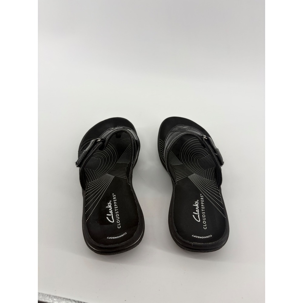 Clarks Womens 7 Black Cloudsteppers Flip Flop Sandals Patent Adjustable Strap - Picture 2 of 7